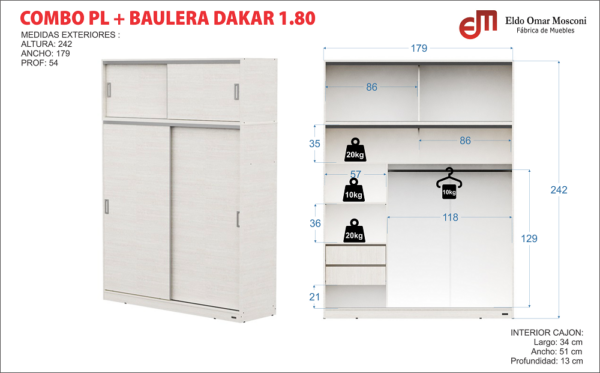 Placard Dakar 2 puertas corredizas 1.40m con baulero - Imagen 5