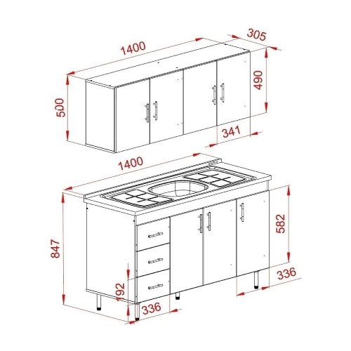 Alacena y Bajo Mesada 1,40m 4 puertas 3 cajones MDP | Combo Cocina - Imagen 4