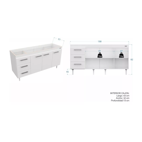 Alacena y Bajo Mesada 1,60m 4 puertas 3 cajones MDP | Combo Cocina - Imagen 4